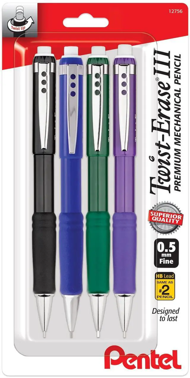 Main image of Twist Erase III Premium Mechanical Pencil 0.5mm 4 pack Assorted Barrels (1 each Black, Blue, Green, Violet)
