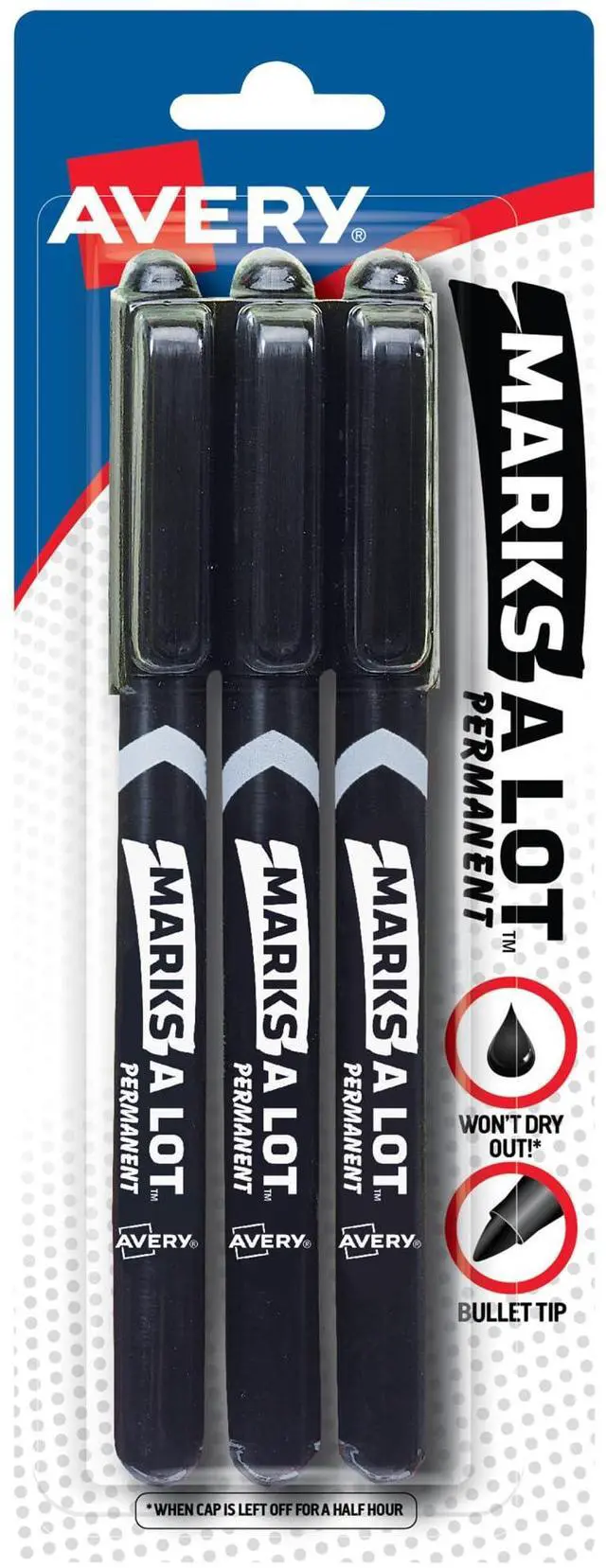 Main image of Marks-A-Lot Permanent Markers, Pen-Style Size, Bullet Tip, Water and Wear Resistant, 3 Black Markers (29837)