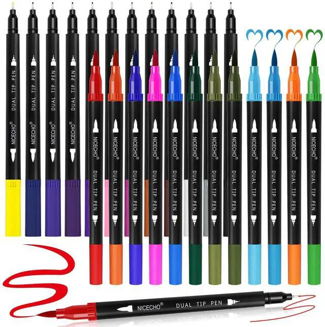 Main image of 24 Colors Dual Tip Art Markers Pens for Adult Coloring Books, Brush and Fineliner Tip Art Suppliers for Journaling Note Taking Lettering