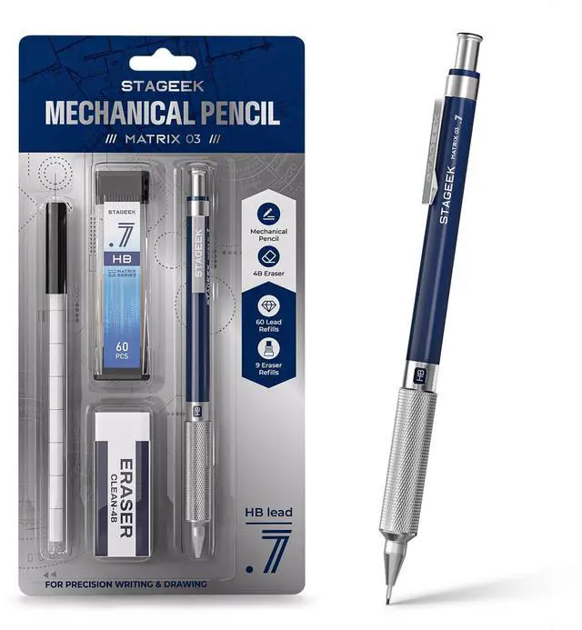 Main image of 0.7 mm Mechanical Pencil, Metal Art & Drafting Pencil with Eraser and 60 HB Lead Refills, Professional Drawing Pencil for Artists, Students, School, Office, Writing, Sketching, Drafting(Blue)