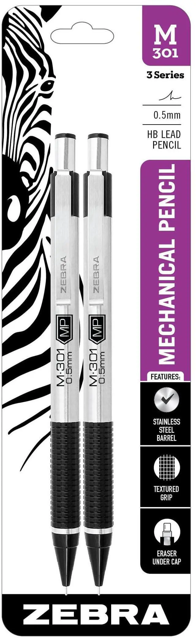 Main image of STEEL M-301 Mechanical Pencils, 0.5mm Fine Point, Refillable Lead, Stainless Steel Barrel, Built-in Eraser, Durable Clip, Lightweight Precision Pencil for School, Office, 2-Pack (54012)