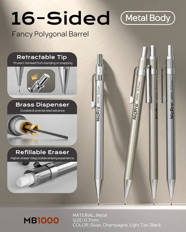 Alt view image 2 of 7 - 4 Pack Mechanical Pencil 0.7mm with Case, MB1000 Metal Mechanical Pencil Set with 6 Tube HB #2 Lead Refill 0.7 mm, 3PCS 4B Eraser, 9 Cap Eraser for Artist Drafting Writing, Sketching, Drawing