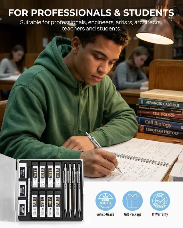 Alt view image 6 of 7 - 4 Pack Mechanical Pencil 0.7mm with Case, MB1000 Metal Mechanical Pencil Set with 6 Tube HB #2 Lead Refill 0.7 mm, 3PCS 4B Eraser, 9 Cap Eraser for Artist Drafting Writing, Sketching, Drawing
