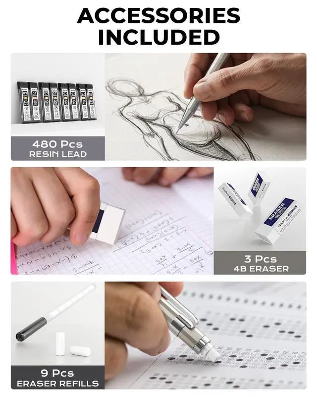 Alt view image 5 of 7 - 4 Pack Mechanical Pencil 0.7mm with Case, MB1000 Metal Mechanical Pencil Set with 6 Tube HB #2 Lead Refill 0.7 mm, 3PCS 4B Eraser, 9 Cap Eraser for Artist Drafting Writing, Sketching, Drawing