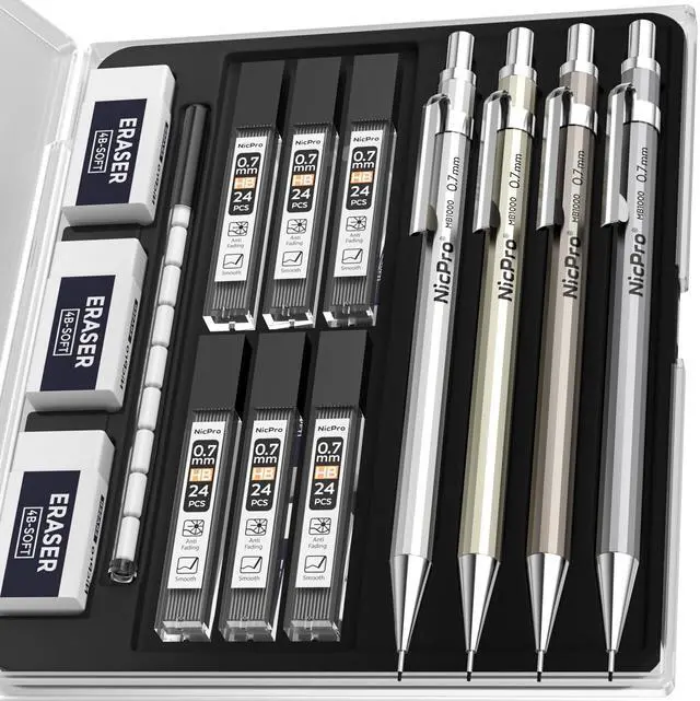 Main image of 4 Pack Mechanical Pencil 0.7mm with Case, MB1000 Metal Mechanical Pencil Set with 6 Tube HB #2 Lead Refill 0.7 mm, 3PCS 4B Eraser, 9 Cap Eraser for Artist Drafting Writing, Sketching, Drawing
