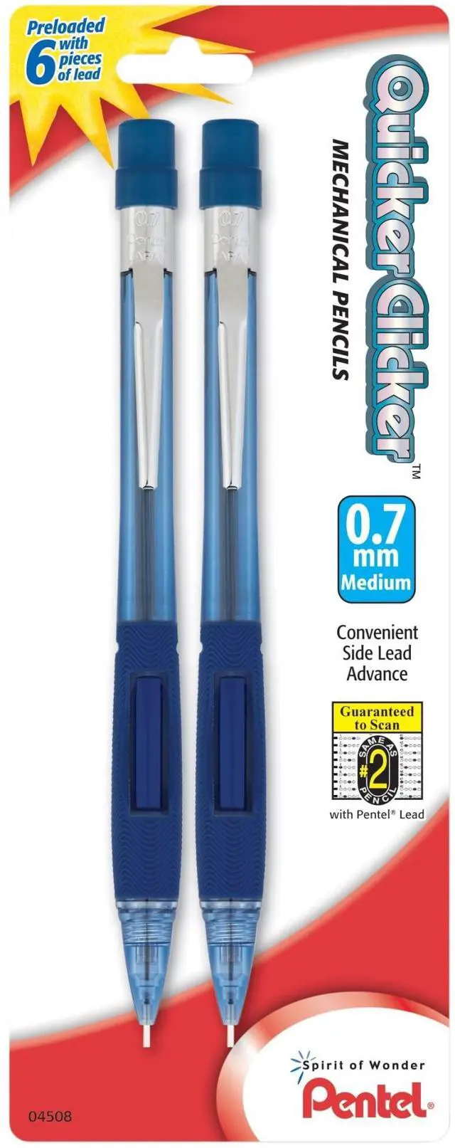 Main image of Quicker Clicker Mechanical Pencil, (0.7mm), Transparent Blue Barrel, Pack of 2 (PD347BP2-K6)