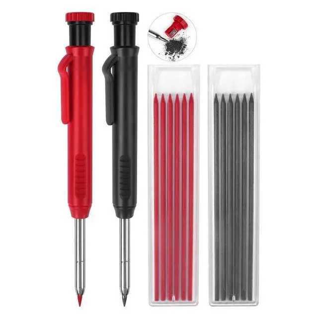 Alt view image 2 of 7 - 2 Pack Carpenter Pencils Mechanical Pencils with 12 Refills, Construction Pencils with Built-in Sharpener, Long Nib Deep Hole Pencil Marker, Heavy Duty Woodworking Pencil for Architect (2 Colors)