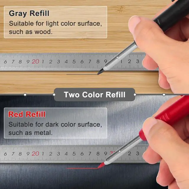 Alt view image 3 of 7 - 2 Pack Carpenter Pencils Mechanical Pencils with 12 Refills, Construction Pencils with Built-in Sharpener, Long Nib Deep Hole Pencil Marker, Heavy Duty Woodworking Pencil for Architect (2 Colors)