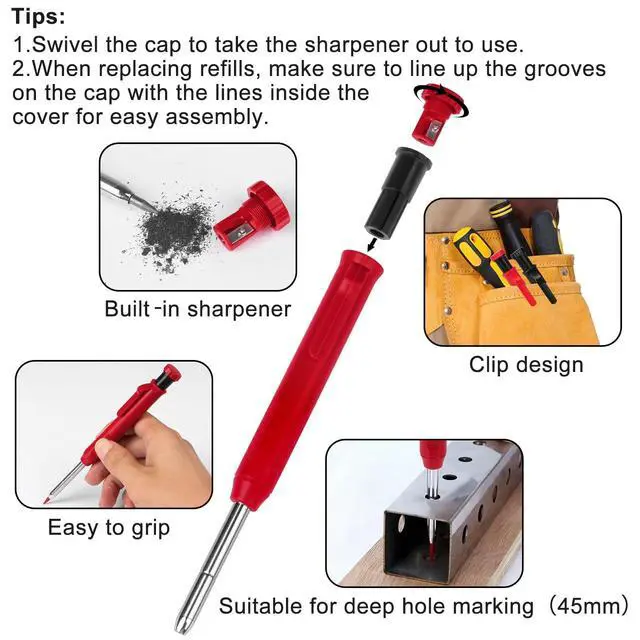 Alt view image 4 of 7 - 2 Pack Carpenter Pencils Mechanical Pencils with 12 Refills, Construction Pencils with Built-in Sharpener, Long Nib Deep Hole Pencil Marker, Heavy Duty Woodworking Pencil for Architect (2 Colors)