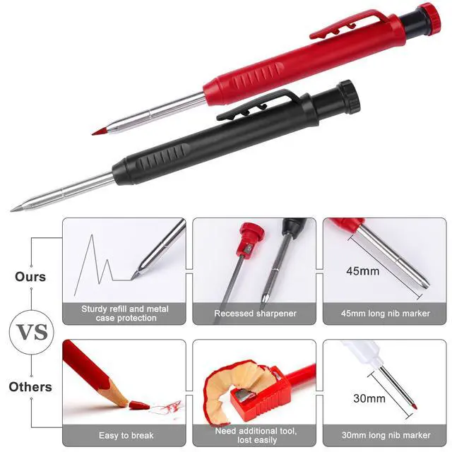 Alt view image 5 of 7 - 2 Pack Carpenter Pencils Mechanical Pencils with 12 Refills, Construction Pencils with Built-in Sharpener, Long Nib Deep Hole Pencil Marker, Heavy Duty Woodworking Pencil for Architect (2 Colors)