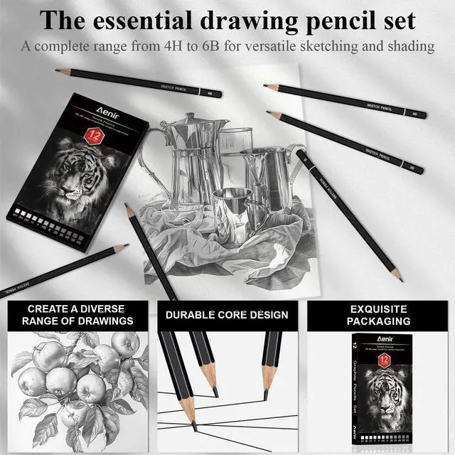 Alt view image 5 of 7 - Sketch Pencils for Drawing, Set of 12 Drawing Pencils for Sketching Medium (6B - 4H), Artist Graphite Pencils, Sketch Set for Artists for Sketching Supplies, Art Supplies.