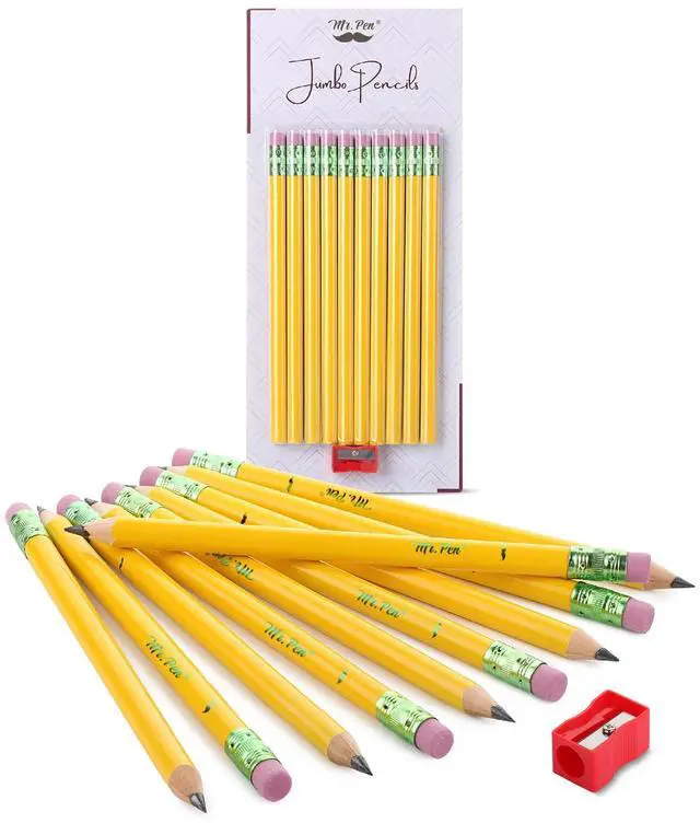 Main image of Jumbo Pencils, 10 Pack with 1 Sharpener, Yellow Barrels