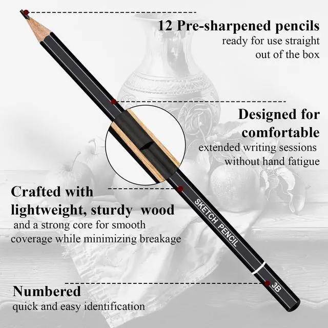 Alt view image 3 of 7 - Sketch Pencils for Drawing, Set of 12 Drawing Pencils for Sketching Medium (6B - 4H), Artist Graphite Pencils, Sketch Set for Artists for Sketching Supplies, Art Supplies.