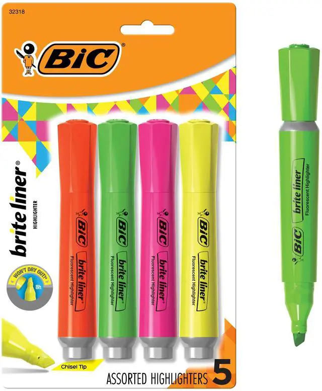 Main image of Brite Liner Grip XL Highlighters, Chisel Tip, 4-Count Pack of Assorted Highlighters, Ideal Highlighter Set for Organizing and Coloring