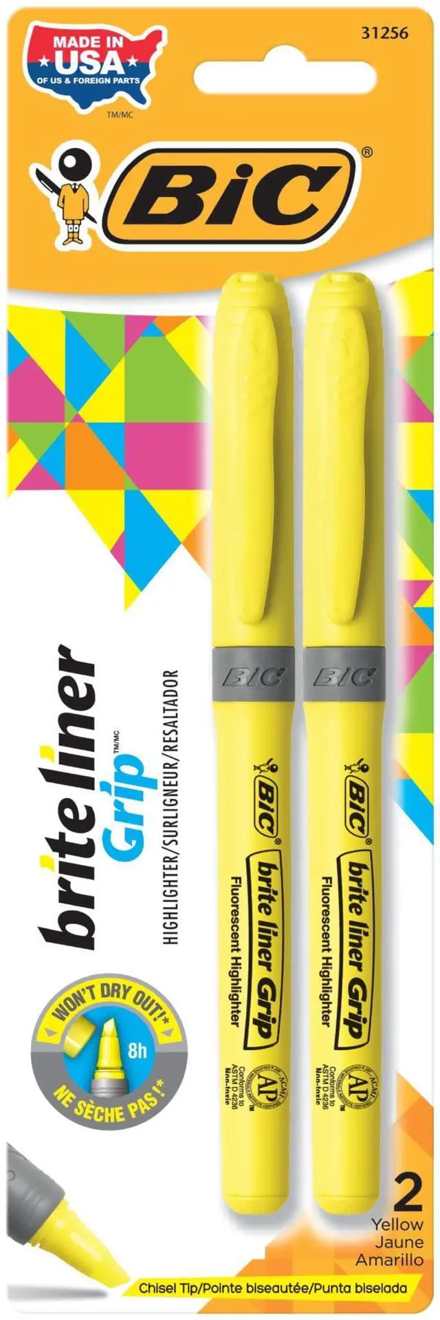 Main image of Brite Liner Grip Highlighters, Chisel Tip (1.6 mm), Classic Yellow, 2-Count Pack, Best Highlighters for School Supplies and Office Supplies