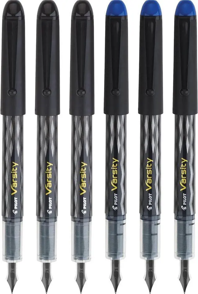 Main image of Precise Varsity Pre-Filled Fountain Pens, Medium Point 1 mm Stainless Steel Nib, Black/Blue, 6-Pack