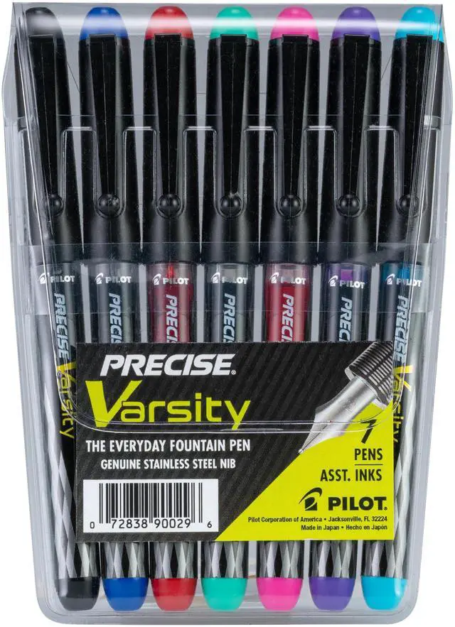 Main image of Precise Varsity Pre-Filled Fountain Pens for Writing, Medium Point Stainless Steel Nib, Black/Blue/Red/Pink/Green/Purple/Turquoise Ink, 1.0mm, 7-Pack