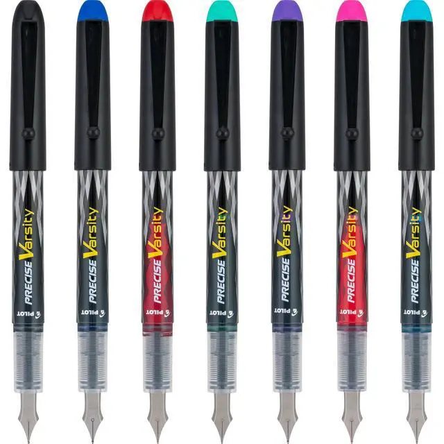 Alt view image 4 of 6 - Precise Varsity Pre-Filled Fountain Pens for Writing, Medium Point Stainless Steel Nib, Black/Blue/Red/Pink/Green/Purple/Turquoise Ink, 1.0mm, 7-Pack