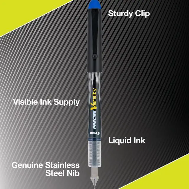 Alt view image 3 of 6 - Precise Varsity Pre-Filled Fountain Pens for Writing, Medium Point Stainless Steel Nib, Black/Blue/Red/Pink/Green/Purple/Turquoise Ink, 1.0mm, 7-Pack