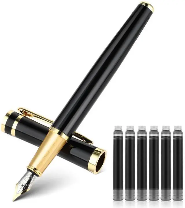 Main image of Luxury Metal Fountain Pen Set, 0.5mm Fine Nib Fountain Pen with 6 Pcs 2.6mm Black Ink Cartridges Smooth Writing Pen Gift for Business Office Journaling Men Women