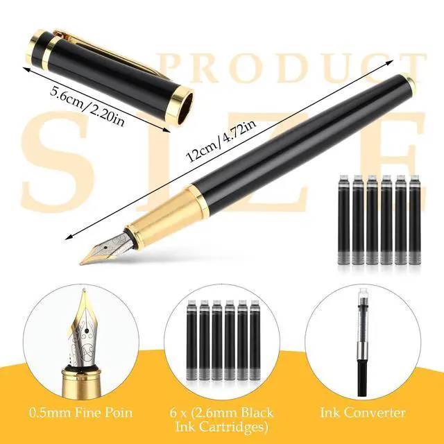 Alt view image 4 of 7 - Luxury Metal Fountain Pen Set, 0.5mm Fine Nib Fountain Pen with 6 Pcs 2.6mm Black Ink Cartridges Smooth Writing Pen Gift for Business Office Journaling Men Women