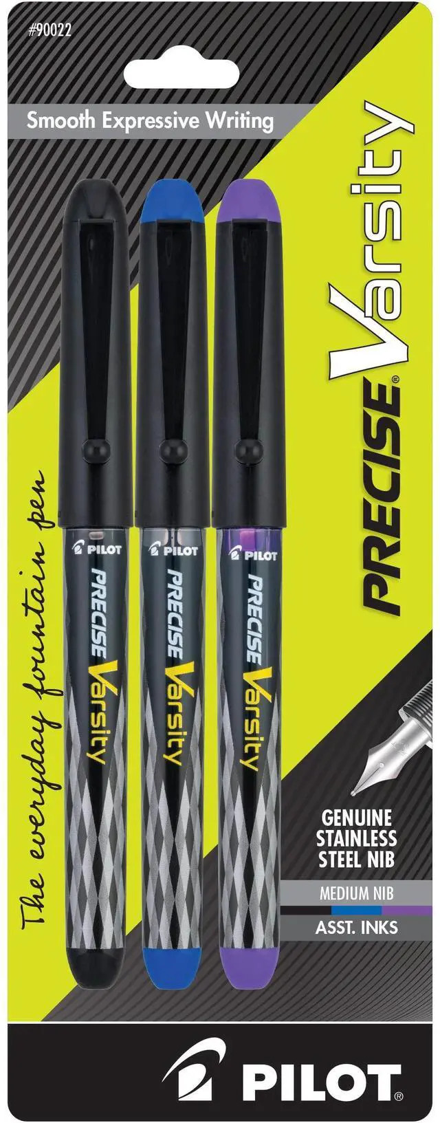 Main image of Precise Varsity Pre-Filled Fountain Pens for Writing, Medium Point Stainless Steel Nib, Black/Blue/Purple Ink, 1.0mm, 3-Pack