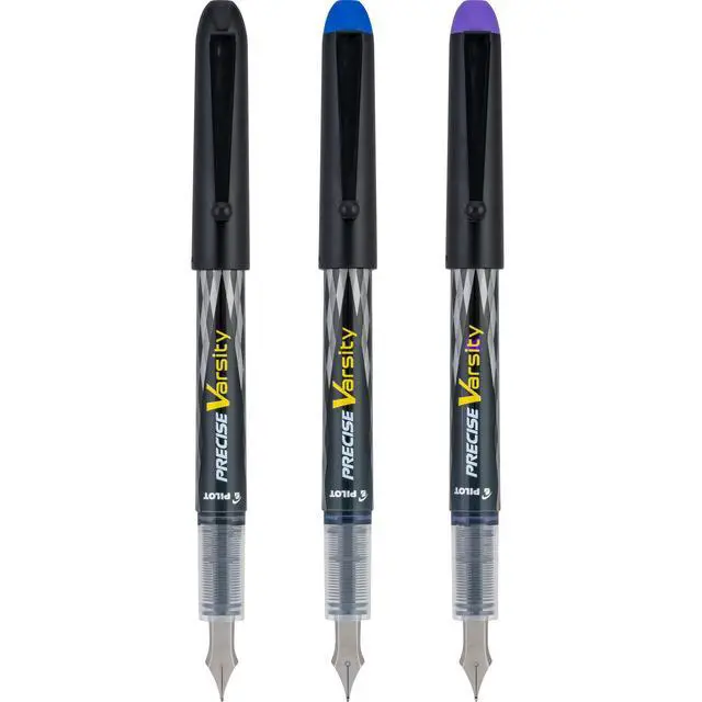Alt view image 5 of 5 - Precise Varsity Pre-Filled Fountain Pens for Writing, Medium Point Stainless Steel Nib, Black/Blue/Purple Ink, 1.0mm, 3-Pack