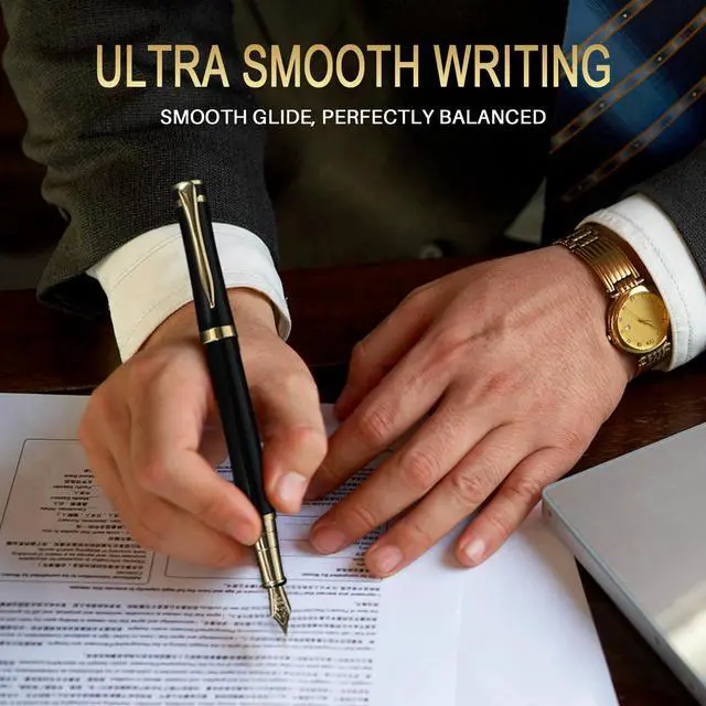Alt view image 3 of 7 - Fountain Pen with Fine Nib | Luxury Black Finish, Smooth Ink Flow, Complete Set with Ink Cartridges, Converter & Sleeve | Ideal for Professionals, Office, Journaling, and Gifts