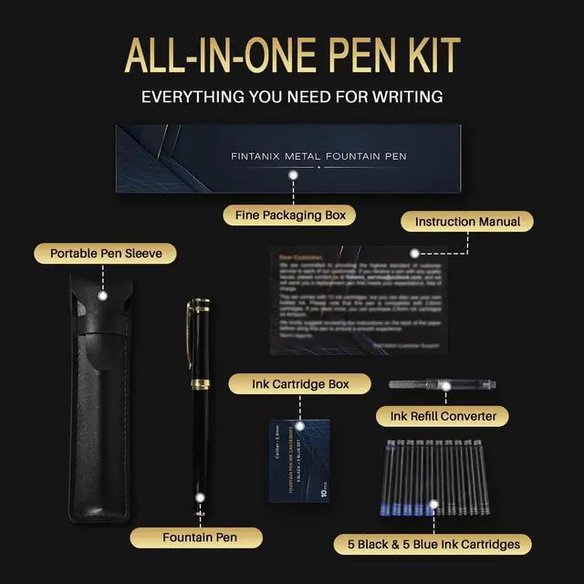 Alt view image 7 of 7 - Fountain Pen with Fine Nib | Luxury Black Finish, Smooth Ink Flow, Complete Set with Ink Cartridges, Converter & Sleeve | Ideal for Professionals, Office, Journaling, and Gifts