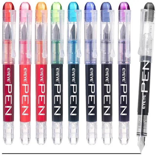 Main image of Fountain Pens for Writing, 9 Pack Assorted Colors Disposable Fountain Pens Stainless Steel Nib, Clear Barrel, Fine Point Smooth Writing for Calligraphy, Journaling, Office & School Supplies