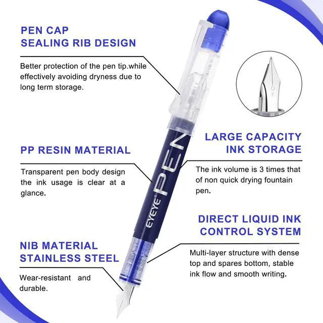 Alt view image 5 of 6 - Fountain Pens for Writing, 9 Pack Assorted Colors Disposable Fountain Pens Stainless Steel Nib, Clear Barrel, Fine Point Smooth Writing for Calligraphy, Journaling, Office & School Supplies