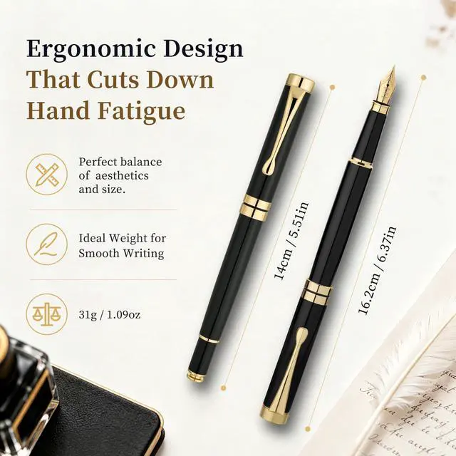 Alt view image 2 of 7 - Fountain Pen-Luxury Black and Gold Finish, 18K Gilded Nib(Medium), Smooth Ink Flow, Complete Set with 4 Black Ink Cartridges, Converter & Gift Box-Perfect Weight, Ideal for Office, Journaling