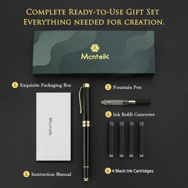 Alt view image 6 of 7 - Fountain Pen-Luxury Black and Gold Finish, 18K Gilded Nib(Medium), Smooth Ink Flow, Complete Set with 4 Black Ink Cartridges, Converter & Gift Box-Perfect Weight, Ideal for Office, Journaling