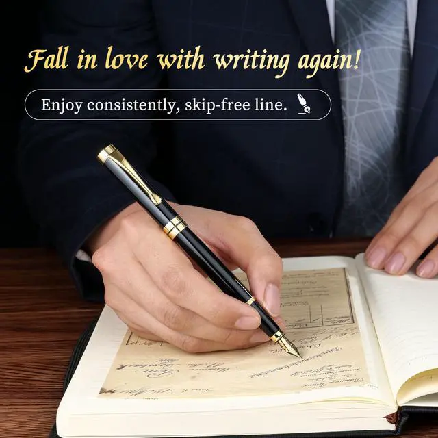 Alt view image 7 of 7 - Fountain Pen-Luxury Black and Gold Finish, 18K Gilded Nib(Medium), Smooth Ink Flow, Complete Set with 4 Black Ink Cartridges, Converter & Gift Box-Perfect Weight, Ideal for Office, Journaling