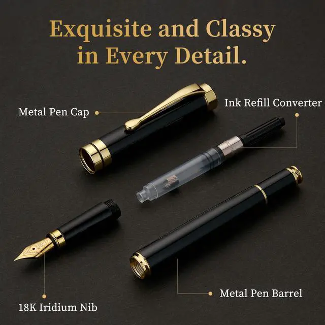 Alt view image 4 of 7 - Fountain Pen-Luxury Black and Gold Finish, 18K Gilded Nib(Medium), Smooth Ink Flow, Complete Set with 4 Black Ink Cartridges, Converter & Gift Box-Perfect Weight, Ideal for Office, Journaling