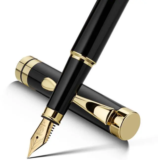 Main image of Fountain Pen-Luxury Black and Gold Finish, 18K Gilded Nib(Medium), Smooth Ink Flow, Complete Set with 4 Black Ink Cartridges, Converter & Gift Box-Perfect Weight, Ideal for Office, Journaling