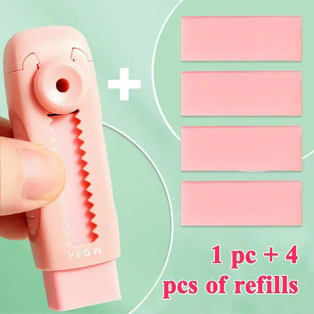Alt view image 4 of 7 - 4+1 Pack Rubber Pink Erasers Sliding Retractable Eraser, Soft Cute Erasers Push Pull Large Pencil Erasers with Plastic Sleeve 4 Refill Eraser for School Students Kids Office Home Supplies
