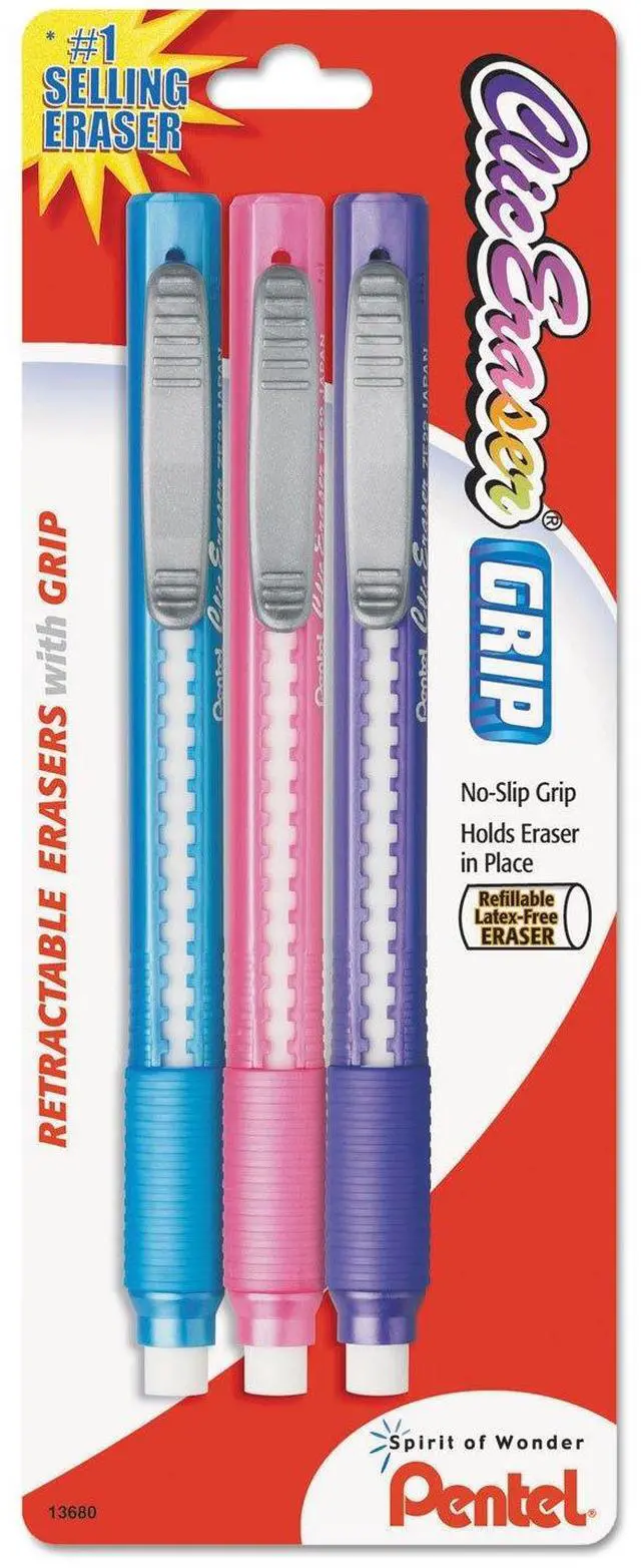 Main image of ZE21TBP3M Clic Eraser Pencil-Style Grip Eraser Assorted 3/Pack, Polyvinyl Chloride (PVC)