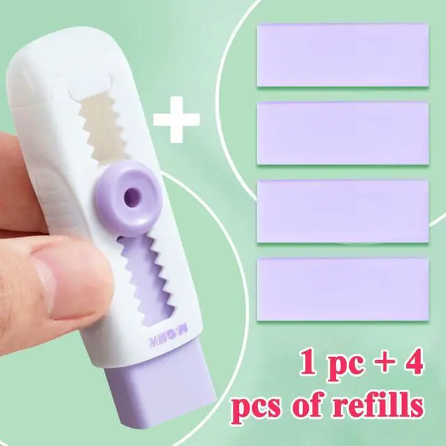 Alt view image 3 of 7 - 4+1 Pack Rubber Erasers Sliding Retractable Eraser, Soft Cute Erasers Push Pull Large Pencil Eraser with Plastic Sleeve 4 Refill Eraser for Students Kids, School Office Home Supplies (Purple)