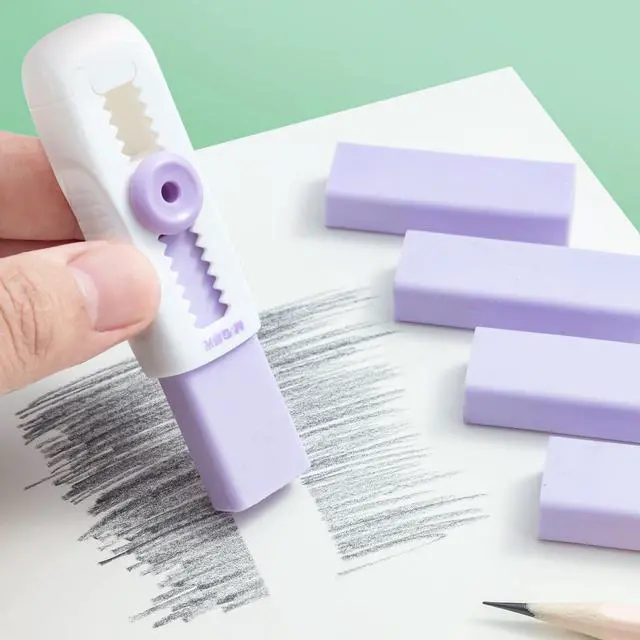 Alt view image 6 of 7 - 4+1 Pack Rubber Erasers Sliding Retractable Eraser, Soft Cute Erasers Push Pull Large Pencil Eraser with Plastic Sleeve 4 Refill Eraser for Students Kids, School Office Home Supplies (Purple)