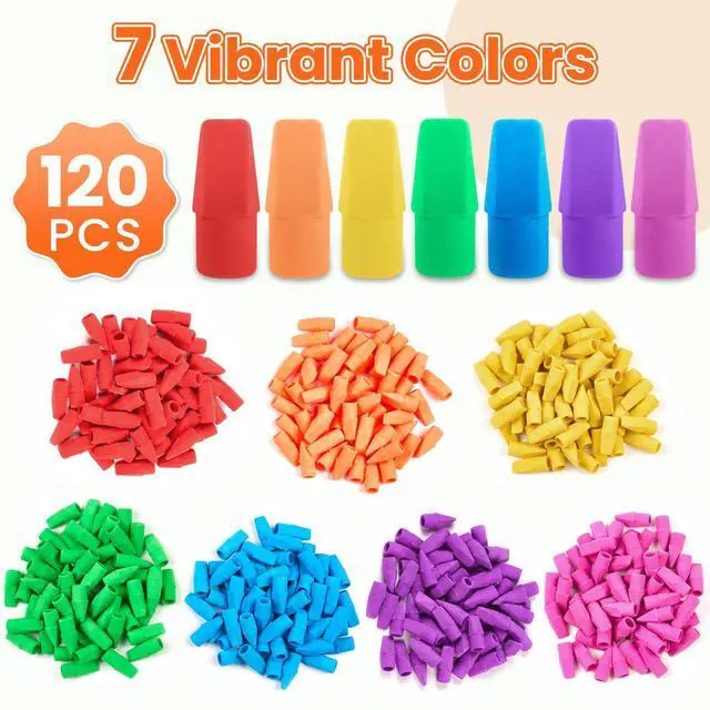 Alt view image 3 of 7 - Pencil Top Erasers, 120 Pack Latex-Free Eraser Caps for Standard Pencils, No-Smudge Cap Erasers for Students, Teachers, Classroom Must Haves, Back to School Supplies, 7 Assorted Colors