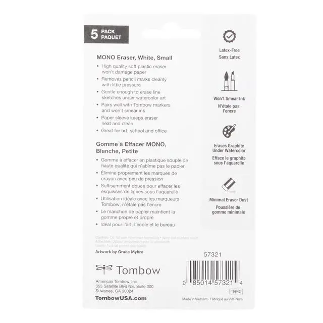Alt view image 7 of 7 - 57321 MONO Eraser, White, Small, 5-Pack. Cleanly Removes Marks
