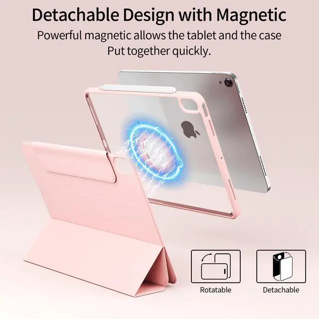 Alt view image 3 of 7 - for iPad (A16) 11th Generation 11 Inch 2025/ 10th Generation 10.9 Inch 2022 Hybrid Case with Pencil Holder | Detachable Magnetic Cover | Portrait/Landscape Stand | Clear Hard Back, Pink