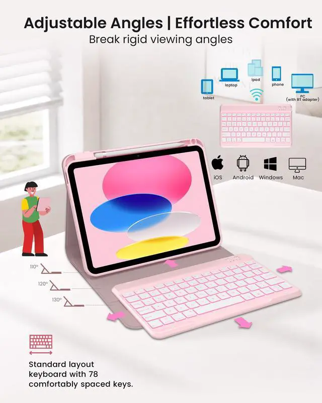Alt view image 5 of 7 - Folio iPad A16 11th/10th Gen Case with Keyboard, Light Pink