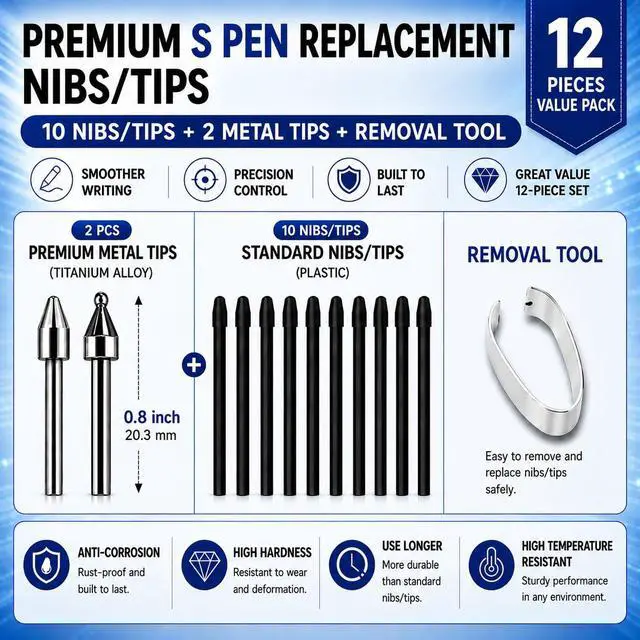 Alt view image 2 of 7 - 12PCS Soft & Metal Samsung S Pen Tips Nibs Replacement for Galaxy Tab S10, S9/S9 FE+/S9 Ultra, S8/S8+, S7/S7+/S7 FE, S6/Lite, Note 20/10/10+/Lite,S21/S22/S23/S24/S25 Ultra S Pen Nibs,Kindle Scribe Pen