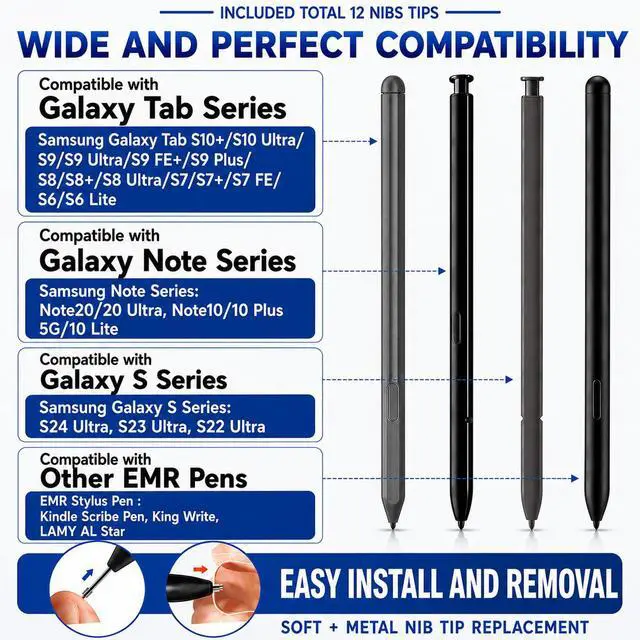 Alt view image 4 of 7 - 12PCS Soft & Metal Samsung S Pen Tips Nibs Replacement for Galaxy Tab S10, S9/S9 FE+/S9 Ultra, S8/S8+, S7/S7+/S7 FE, S6/Lite, Note 20/10/10+/Lite,S21/S22/S23/S24/S25 Ultra S Pen Nibs,Kindle Scribe Pen
