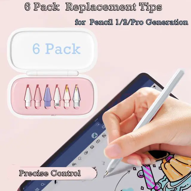 Alt view image 2 of 7 - 6 Pack Replacement Pencil Tips with Case for Apple iPad 2nd / 1st Generation - Sensitive and Precise Control iPencil Nibs Compatible with iPad for Pencil USB C/ 2nd/ 1st Gen Apple Pen