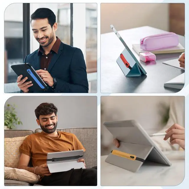 Alt view image 6 of 6 - 2Pcs Stylus Holder for Tablet, Universal Pen Sleeve Retractable Stylus Pen Holder Elastic Pencil Pocket Case Protective Pouch for Tablet Case Notebook, Orange/Pink