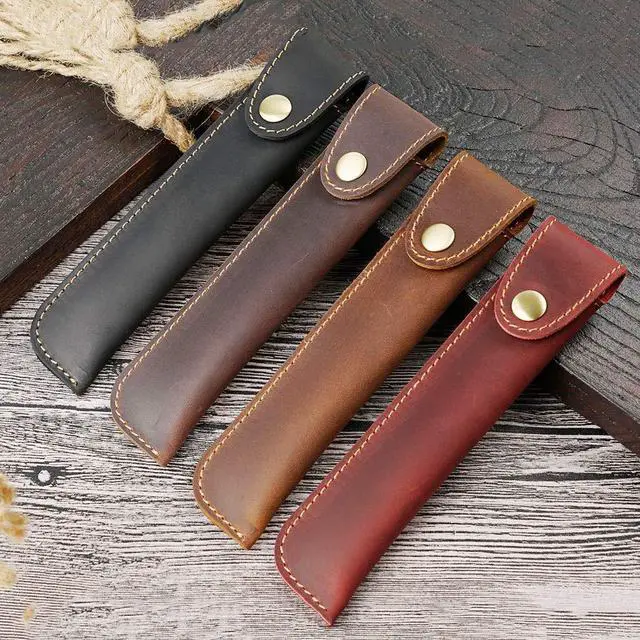 Alt view image 7 of 7 - Leather Pen Case Handmade Fountain Pen Pouch Protective Sleeve Cover Stylus Touch Pen Holder Button Flip Cover- Black