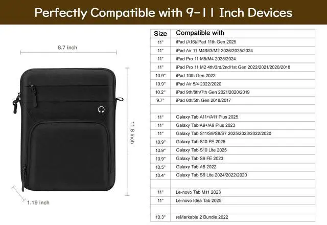 Alt view image 3 of 7 - 9-11 Inch Tablet Sleeve Bag with Shoulder Strap, Black